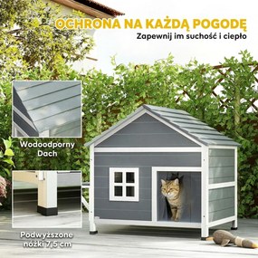 PawHut Domek dla kotów z drewna 2-poziomowa kryjówka z wodoodpornym, otwieranym dachem, boczną platformą, 101x72,5x81cm, Szary | Aosom PL