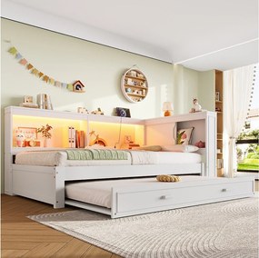 Sofa rozkładana 90x200 cm Łóżko dziecięce z wysuwanym łóżkiem, oświetleniem LED i gniazdem USB - białe (bez materaca)