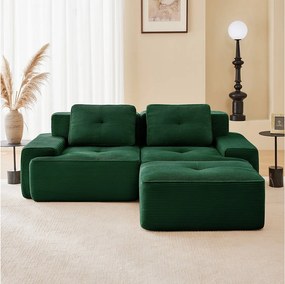 Modułowa Sofa 2-osobowa w Welurze żebrowanym, z pufą i 2 poduszkami, 204x177x69cm, Zielony