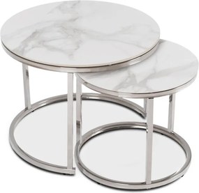 Zestaw Stolików Kawowych AMARA 45,5 cm/60 cm Biały Marmur/Srebrny Glamour