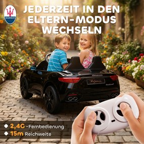 AIYAPLAY Maserati Elektryczny samochód dla dzieci, 2-miejscowy, zasilanie 12V, pilot, światła LED, funkcja muzyki, Czarny
