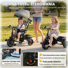 HOMCOM Rowerek 6w1 dla Dzieci z Rączką, Daszkiem, Pasem, Koszykiem, dla Dzieci 1-5 Lat, Szary