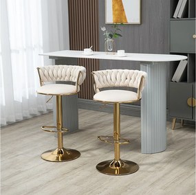 Zestaw 2 obrotowych hokerów barowych z oparciem, regulowanych na wysokość – Aksamit w kolorze ecru