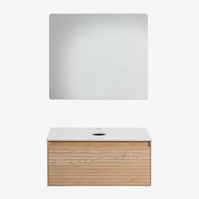 Zestaw Mebli Łazienkowych Z Drewna Jesionowego Tedrik Popielaty Brąz & Without Sink & Prostokątny Led I Przeciwmgielny 80x70 Cm Riben & Bez Kranu -