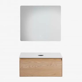 Zestaw Wiszących Mebli Łazienkowych 80x50 Cm Z Drewna Jesionowego Tedrik Popielaty Brąz & Without Sink & Prostokątny Led - Sklum