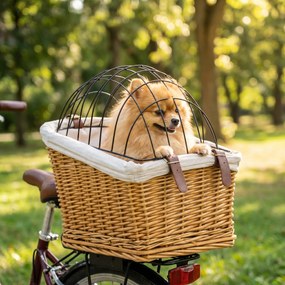 PawHut Kosz rowerowy dla psów i kotów, ręcznie pleciony kosz dla zwierząt z metalową pokrywą i miękką poduszką, jasnobrązowy | Aosom PL