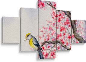 Obraz - ptak na drzewie z czerwonymi kwiatami (125x70 cm)