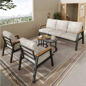 Zestaw mebli ogrodowych, 5 miejsc, sofa 3-osobowa, 2 fotele i 2 stoliki kawowe, na zewnątrz, stal ocynkowana, szary