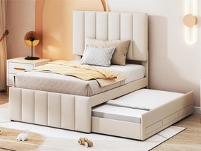 Łóżko wysuwane 90 x 190/200 cm z 3 szufladami - tkanina lniana - stelaż z listew - beż