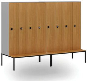 Drewniana szafa ubraniowa S4 z ławką, 4-drzwiowa, 1871 x 1200 x 500/800 mm, demontaż, zamek RFID, szary/brzoza