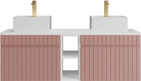 Wisząca, prążkowana szafka łazienkowa z wnękami, podwójną kwadratową umywalką nablatową i baterią – Różowa – L140 cm – SATARA