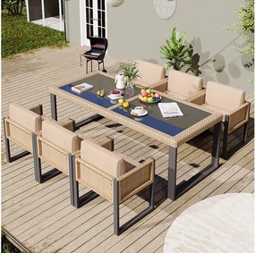 Zestaw mebli ogrodowych do jadalni dla 6 osób - 6 foteli - 1 stół - konstrukcja z ocynkowanej stali - z zdejmowanymi i pralnymi tkaninami - Beżowy