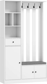 HOMCOM Szafa garderobiana 180 cm z wieszakiem, ławką na buty, 4 haczykami, otwartymi półkami, MDF, Biały