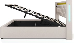 Łóżko z pojemnikiem na pościel 160x200 - z zagłówkiem, USB, typu C, LED, stelażem - beżowe - materac w cenie