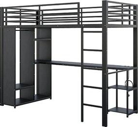Łóżko antresolowe 90x200cm z LED i biurkiem, otwarta szafa, podwójne gniazdo z USB i Type-C