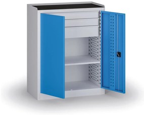 Szafa warsztatowa, 1 półka + 3 szuflady, 1180 × 950 × 500 mm, niebieskie drzwi