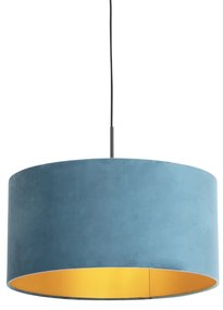Lampa wisząca z abażurem z weluru niebieskim ze złotem 50 cm - CombiWiejski/ Rustykalny / Vintage Oswietlenie wewnetrzne