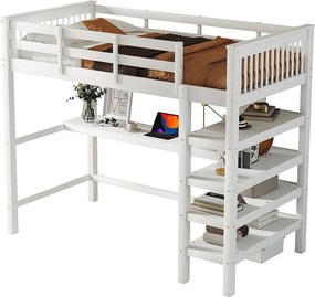 Łóżko mezzanine 90x200cm z drewna - z biurkiem i półką na przechowywanie - Białe