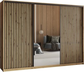 Szafa Przesuwna ORRA 250 cm z Lustrem i Lamelami Szafa Trzydrzwiowa z Szufladami Dąb Artisan