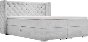 Emporius Valencia Box łóżko kontynentalne 140x200 - topper, materac H3, pojemnik - łóżko małżeńskie, tkanina aksamitna, jasny szary (Magic Velvet 2218)