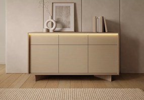 Komoda Parsja 3D3S 154 cm LED – komoda do salonu z szufladami, ryflowane fronty, bolivar naturalny / cappuccino, push-to-open
