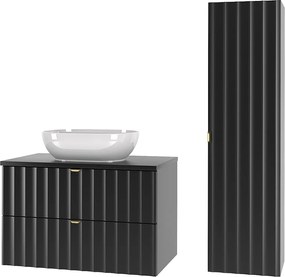 Czarny Zestaw Łazienkowy 80cm Szafka z Blatem Umywalka Słupek Ryflowane Fronty Arcos
