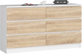 Komoda AKORD K140 Biała 138 cm 6 szuflad kolor Dąb Sonoma mat 138x40x77 cm