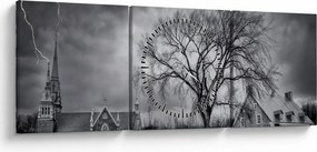 Obraz czarno - białej wioski (z zegarem) (90x30 cm)