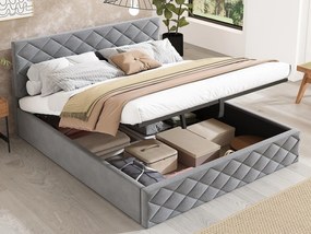 Aksamitne łóżko ze schowkiem 140x200cm - z podstawą z listew - Szare