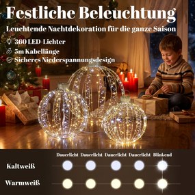 Outsunny 3-częściowy zestaw podświetlanych kul świątecznych na zewnątrz, 360 diod LED w ciepłej/zimnej bieli, światło ciągłe i migające, 24-godzinny timer | Aosom PL