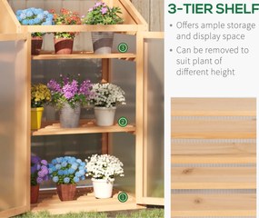 Outsunny Mini szklarnia, mała szklarnia z ramą drewnianą, oknami i podwójnymi drzwiami, 3 półki, 70Dł x 50Szer x 120Wys cm, Brązowa