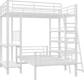Łóżko piętrowe 90X200cm - Z wieloma schowkami - Metalowa konstrukcja - Z drabiną bezpieczeństwa - Z barierką - Białe (bez materaca)