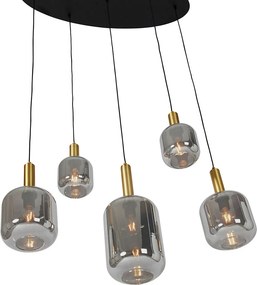 Lampa wisząca czarna ze złotem i dymionym szkłem owalna 5-świateł - Zuzanna
