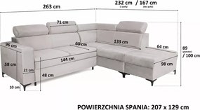 Wygodny narożnik Tauris z funkcją spania, pojemnikiem i regulowanymi zagłówkami
