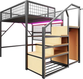 Łóżko mezzanine 140x200 - z oświetleniem LED - z drabiną do przechowywania - z otwartą szafą - czarne (bez materaca)