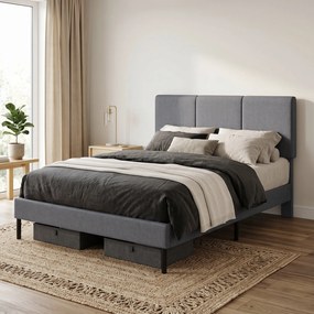 HOMCOM Stelaż łóżka 140 x 200 cm z regulowanym wezgłowiem, tapicerowane łóżko w wyglądzie lnu z 12 listwami | Aosom PL