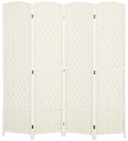 HOMCOM Parawan, 4-częściowa składana ścianka działowa, plecionka, drewno sosnowe, Biały