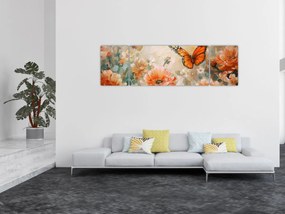 Obraz - Motyl i kwiaty, obraz olejny (170x50 cm)