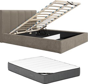 Łóżko ze skrzynią 160 x 200 cm zagłówkiem z pionowymi szwami - Materiał - Taupe - Z materacem - KILACLO