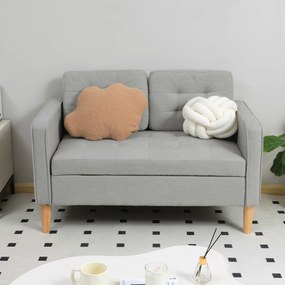 HOMCOM Sofa 2-osobowa z przestrzenią do przechowywania, Pikowana guzikami, Poduszki, Drewno kauczukowe, 117x62x78cm, Jasnoszary