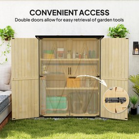 Outsunny Szafka Ogrodowa z Drewna i Stali, Zewnętrzna Szafka na Narzędzia z Dachem Asfaltowym, 2 Regały, Drzwi z Zamkiem, Naturalne Drewno