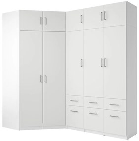 Szafa narożna 5-drzwiowa z 6 szufladami - szer. 254 cm - Biały + Nadstawki - BELOMY