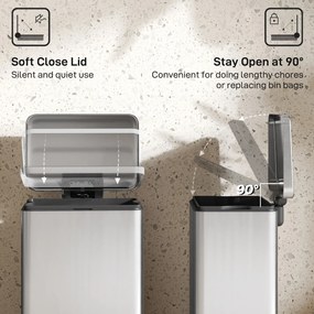 HOMCOM Kosz na śmieci 20 L z pedałem i pokrywą soft-close, wyjmowany wkład, srebrny, 34,2 x 30,6 x 44,2 cm