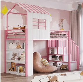 Metalowe łóżko piętrowe dla dzieci - 90 x 200 cm - styl domku - z półką do przechowywania i drabinką - płyta MDF i metal - różowe
