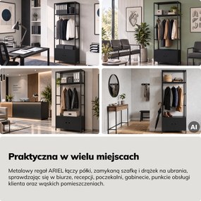 Regał biurowy otwarty z drążkiem na ubrania, do recepcji i poczekalni, metalowy, czarny, 800x2200x400 mm: ARIEL