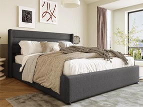 Łóżko ze schowkiem 140 x 200 cm - tkanina lniana - stelaż listwowy - kolor szary