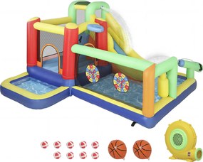 AIYAPLAY 9-w-1 Dmuchana zjeżdżalnia z pompką, ze zjeżdżalnią, basenem i pistoletem na wodę dla dzieci 3-8 lat, 330x290x185 cm, wielokolorowa | Aosom PL