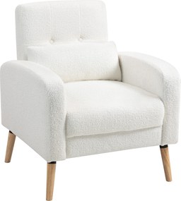 HOMCOM Nowoczesny Fotel z Podłokietnikami, Pikowany Fotel z Nogami z Drewna Kauczukowego, Poduszką Lędźwiową, do Salonu, Sypialni, Biura, Biały