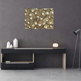 Obraz na szkle - Białe magnolie na murze kamiennym (70x50 cm)