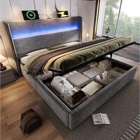 Łóżko z pojemnikiem 160x200 cm Łóżko dla dorosłych z USB i LED, tapicerowany zagłówek - szary len (bez materaca)